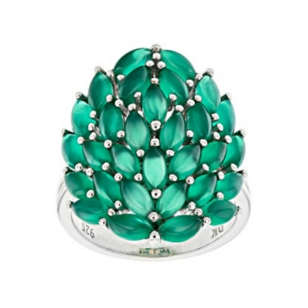 Genuine Green Onyx Cluster Art Deco Cabachon 925 Sterling Silver Ring Sz…
